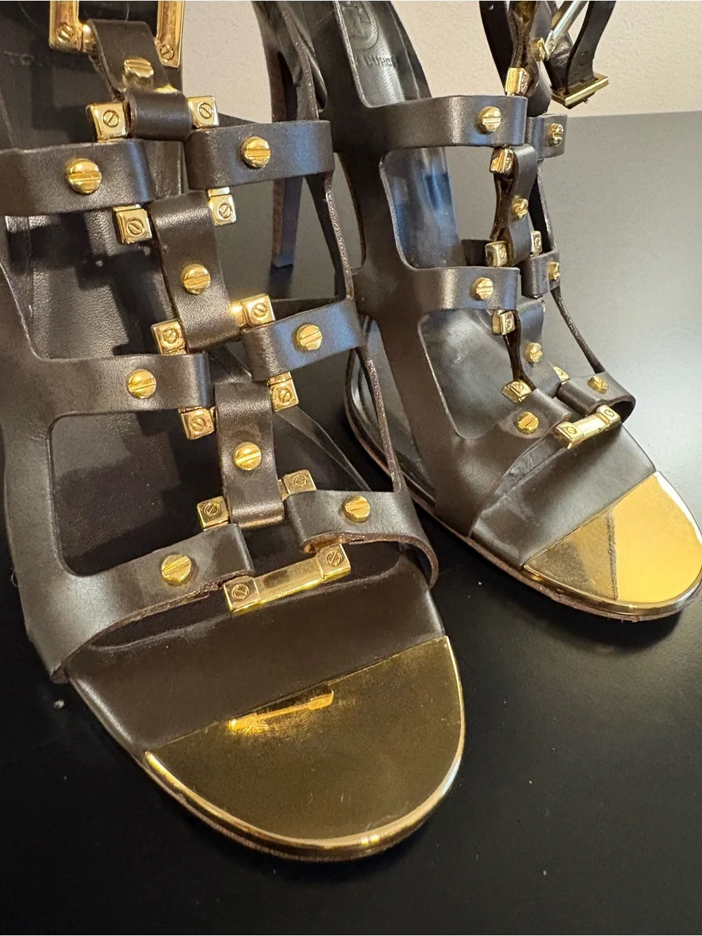 Tory Burch Black Leather Strappy Heels with Gold Hardware